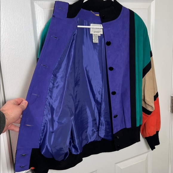 VTG 1980s 90s Anacora Colorful Patchwork Color Block Suede Style Bomber Jacket - Picture 6 of 10